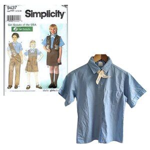 Vtg 90s/Y2K GIRL SCOUT Brownie Uniform Blue Shirt w/ Cream Snap Tie Girls Sz 12